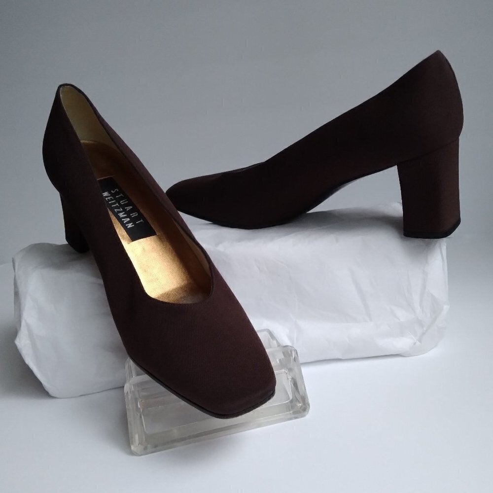 Stuart Weitzman Y2K Brown Sateen /Grosgrain Pumps Square Toe 3" Block Heels Sz 8